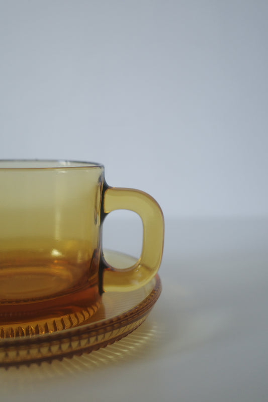昭和 耐熱玻璃 茶色咖啡杯連盤