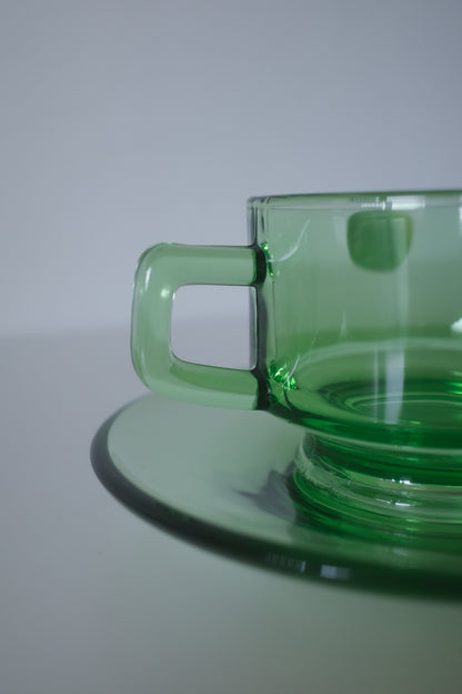 昭和時期SOGA GLASS 綠玻璃杯連碟組